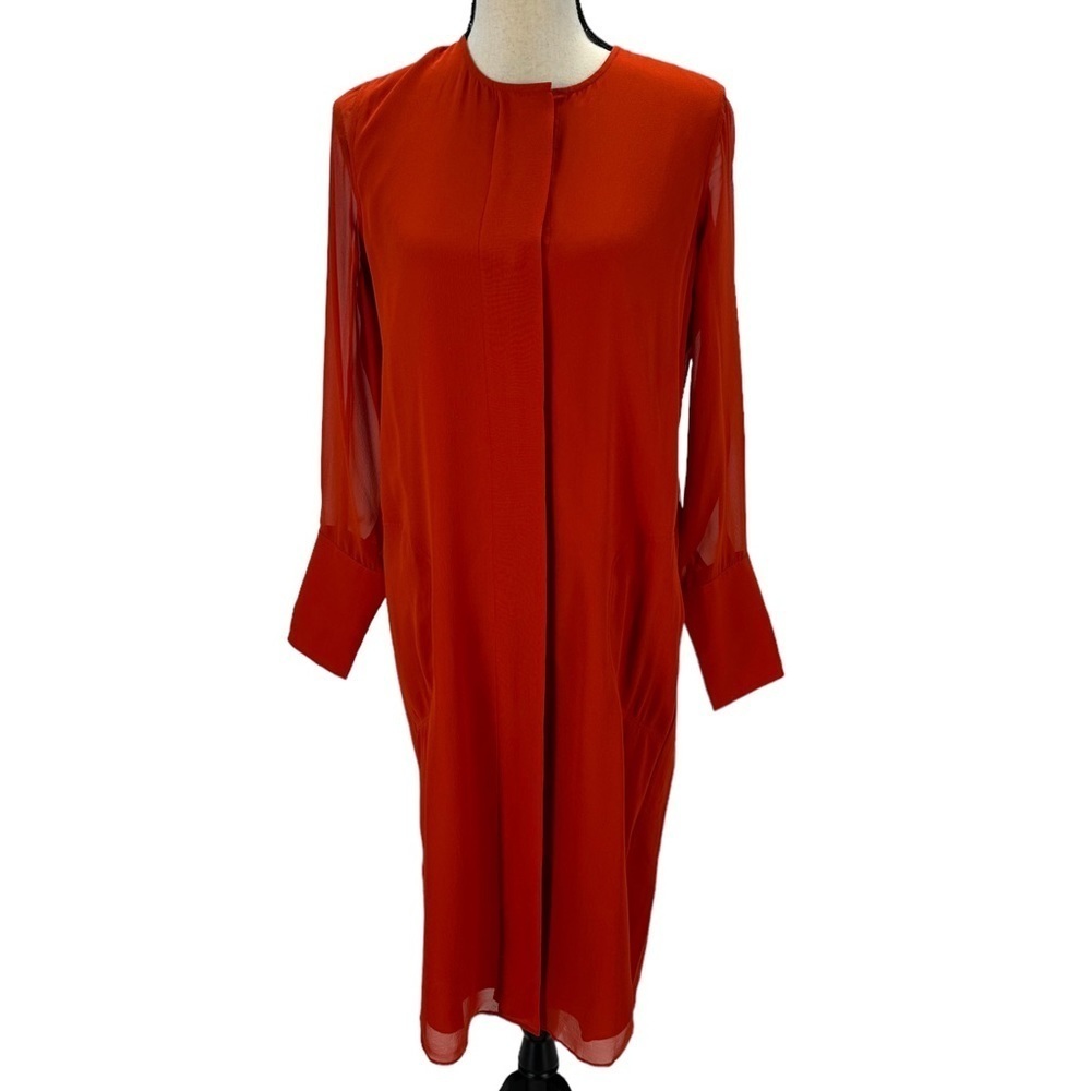 Club Monaco Sheer Long Sleeve Shirt Dress - Red / Burnt Orange